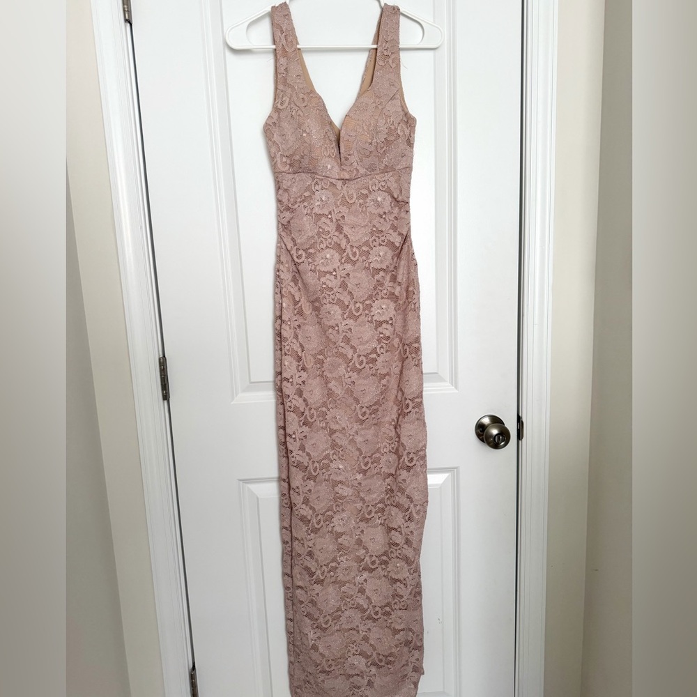 Emerald Sundae Blush Lace Maxi Dress with Leg Slit